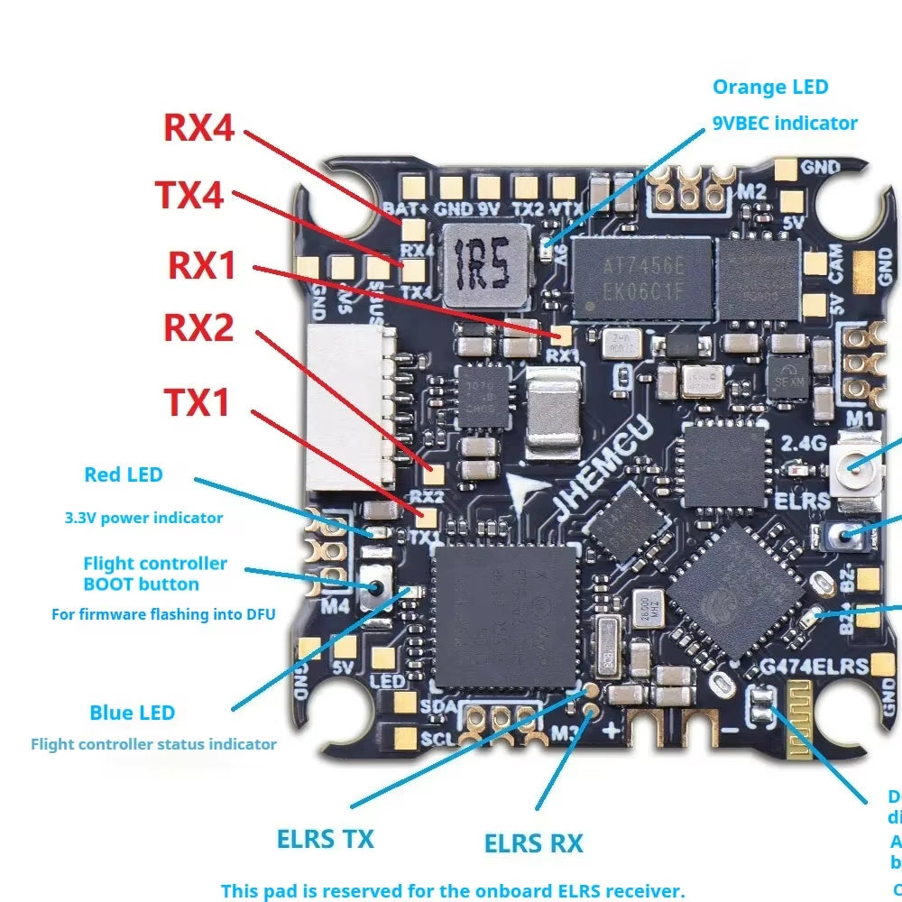 JHEMCU G474ELRS AIO Flight Controller Built-In 2.4G Receiver OSD 8MB Black Box 1-2S 25X25Mm for FPV Freestyle Drone